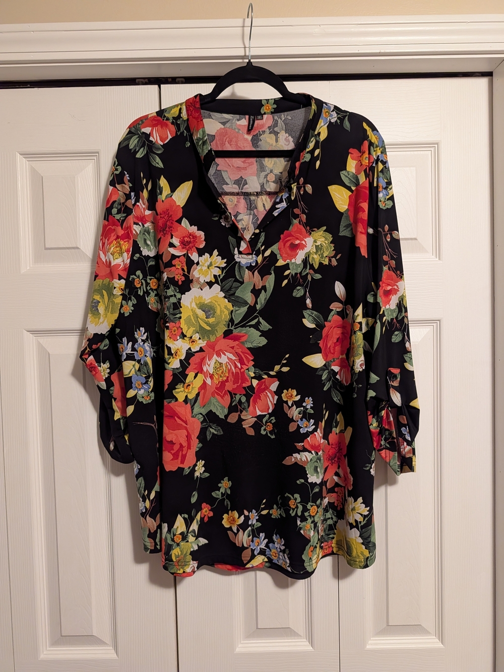 Women's Black Floral V-Neck Tunic with Red & Yellow Blooms
